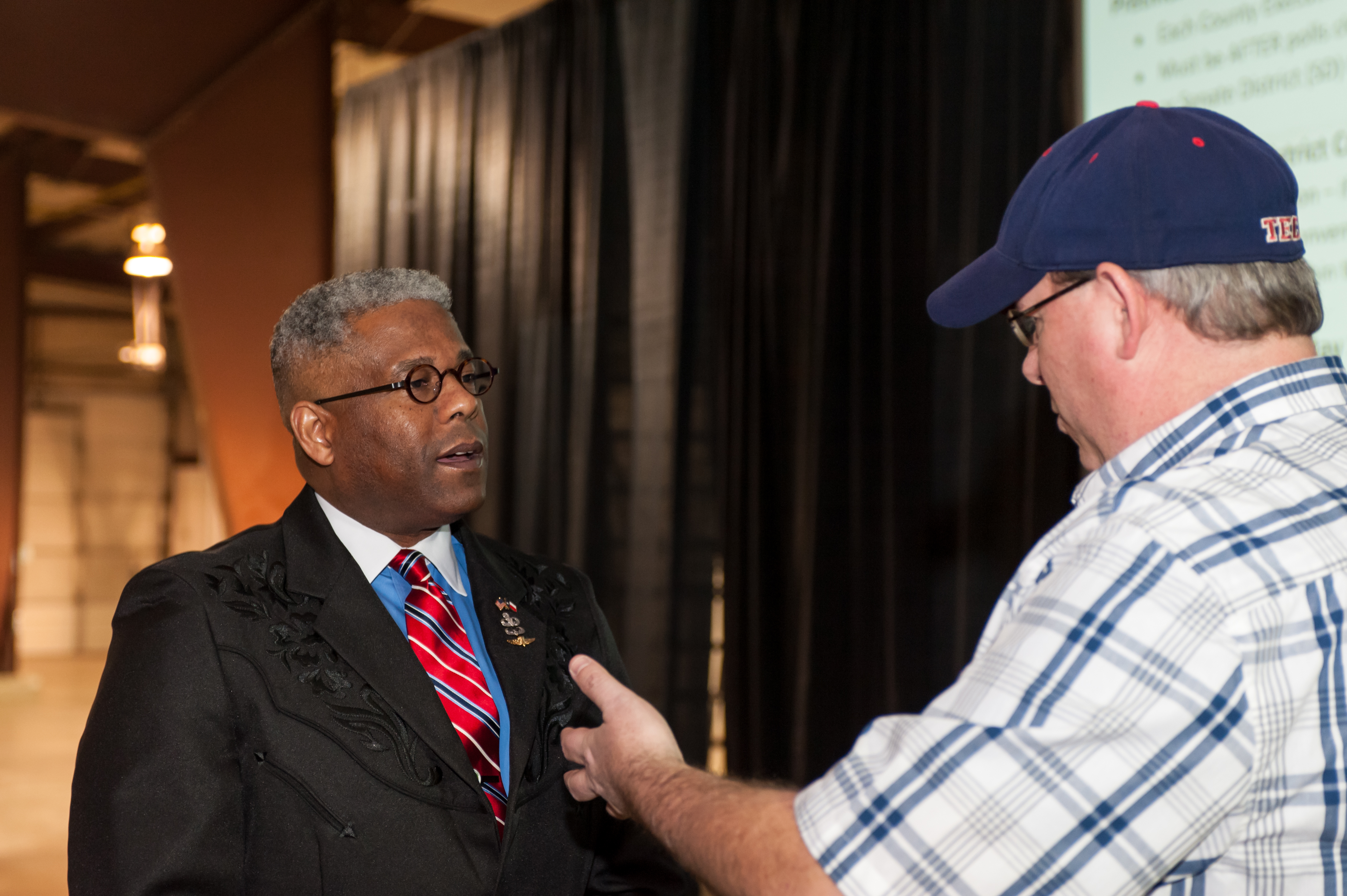 Shaie Williams for AGN Media. Lt. Colonel Allen B West visits with Danny Butcher at the Texas Panhandle Lincoln-Reagan Day Dinner hosted by the local Republican party groups held at The Rex Baxter Building in Amarillo, TX on January 29, 2016