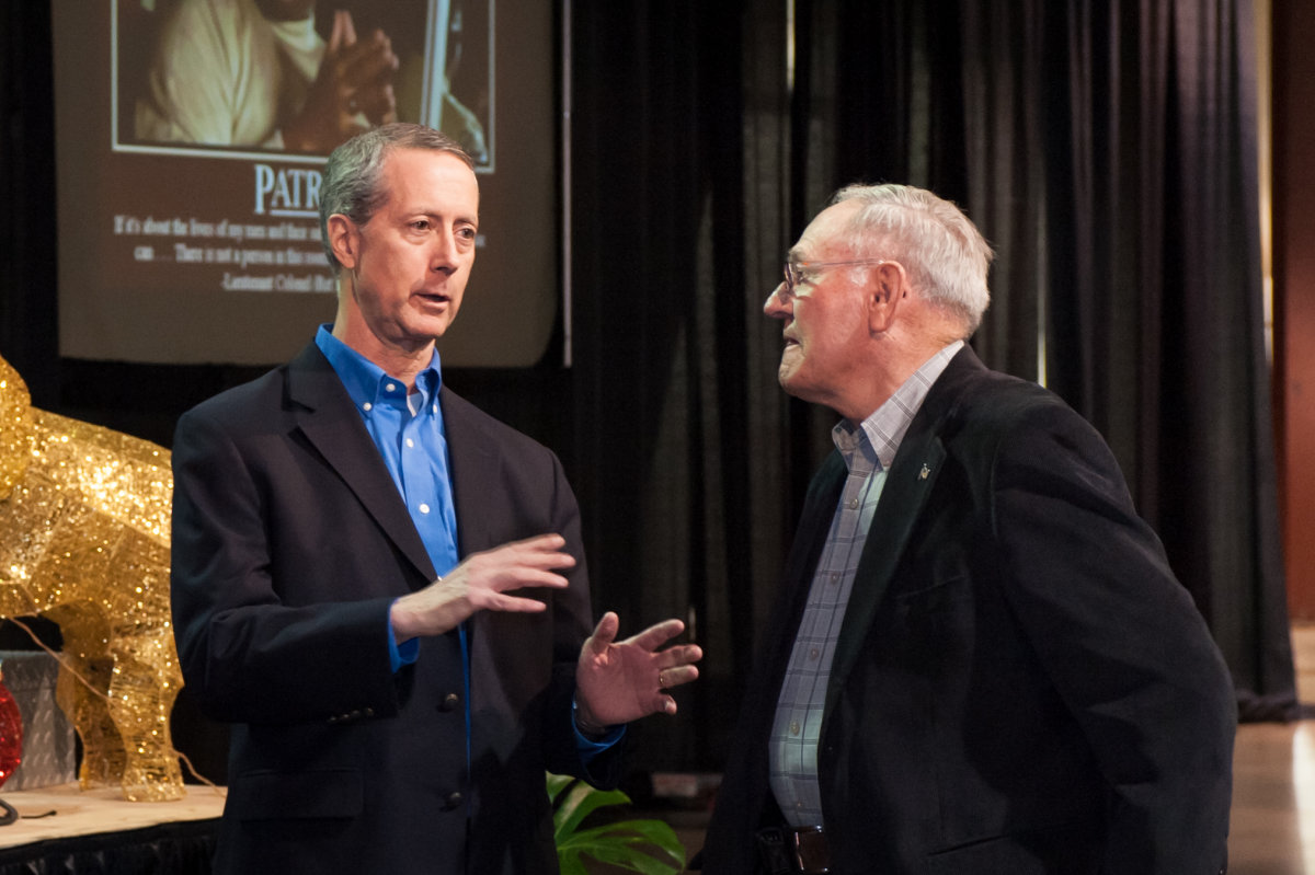 Shaie Williams for AGN Media. Mac Thornberry talks with Charles Timmons at the Texas Panhandle Lincoln-Reagan Day Dinner hosted by the local Republican party groups held at The Rex Baxter Building in Amarillo, TX on January 29, 2016